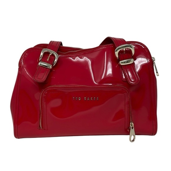 TED BAKER Purse Red Patent Bag Pockets Zip Gold Tone Hardware Satchel - Picture 5 of 14